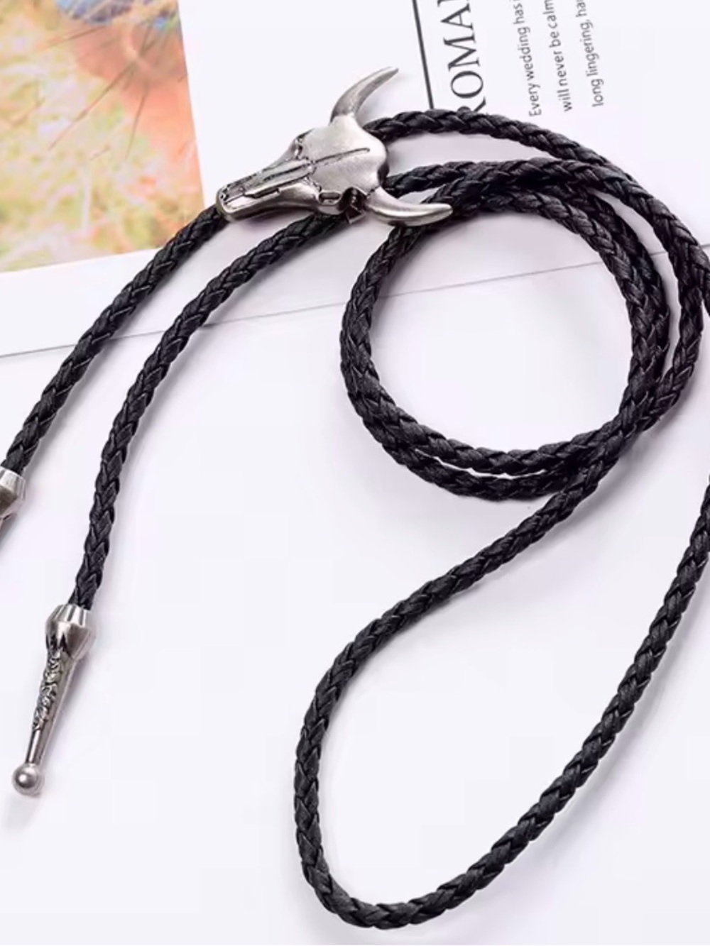 Black Braided Leather Rope Belt with Silver Bull Skull Accent